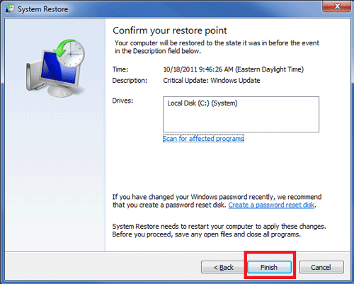 Windows 7 Selected Restore Point